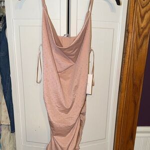 Blush Pink Cowl Neck Midi Dress with Subtle Sparkle